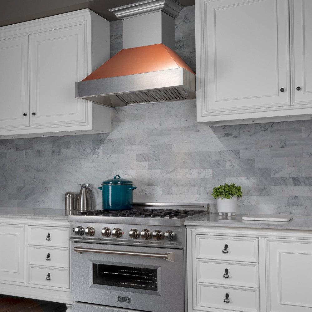 ZLINE Ducted Fingerprint Resistant Stainless Steel Range Hood with Copper Shell (8654C) in a luxury kitchen, side.