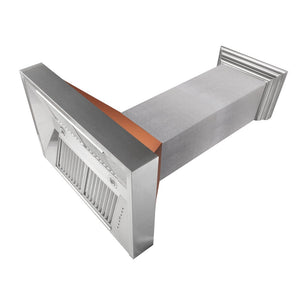 ZLINE Ducted Fingerprint Resistant Stainless Steel Range Hood with Copper Shell (8654C) angled under.