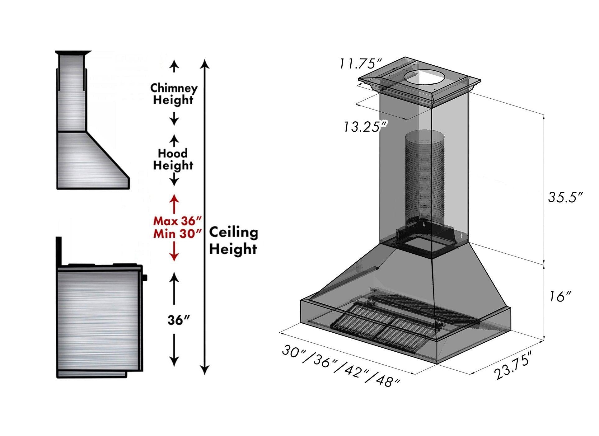 ZLINE Fingerprint Resistant Stainless Steel Range Hood (8654SN) dimensions for installation