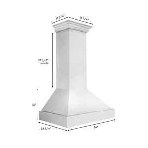 ZLINE 36 in. Kitchen Package with DuraSnow® Stainless Steel Dual Fuel Range and Convertible Vent Range Hood (2KP-RASSNRH36) dimensional diagram with measurements.