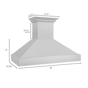 ZLINE 48 in. Kitchen Package with Satin Stainless Steel Dual Fuel Range and Convertible Vent Range Hood (2KP-RASSNRH48) dimensional diagram with measurements.