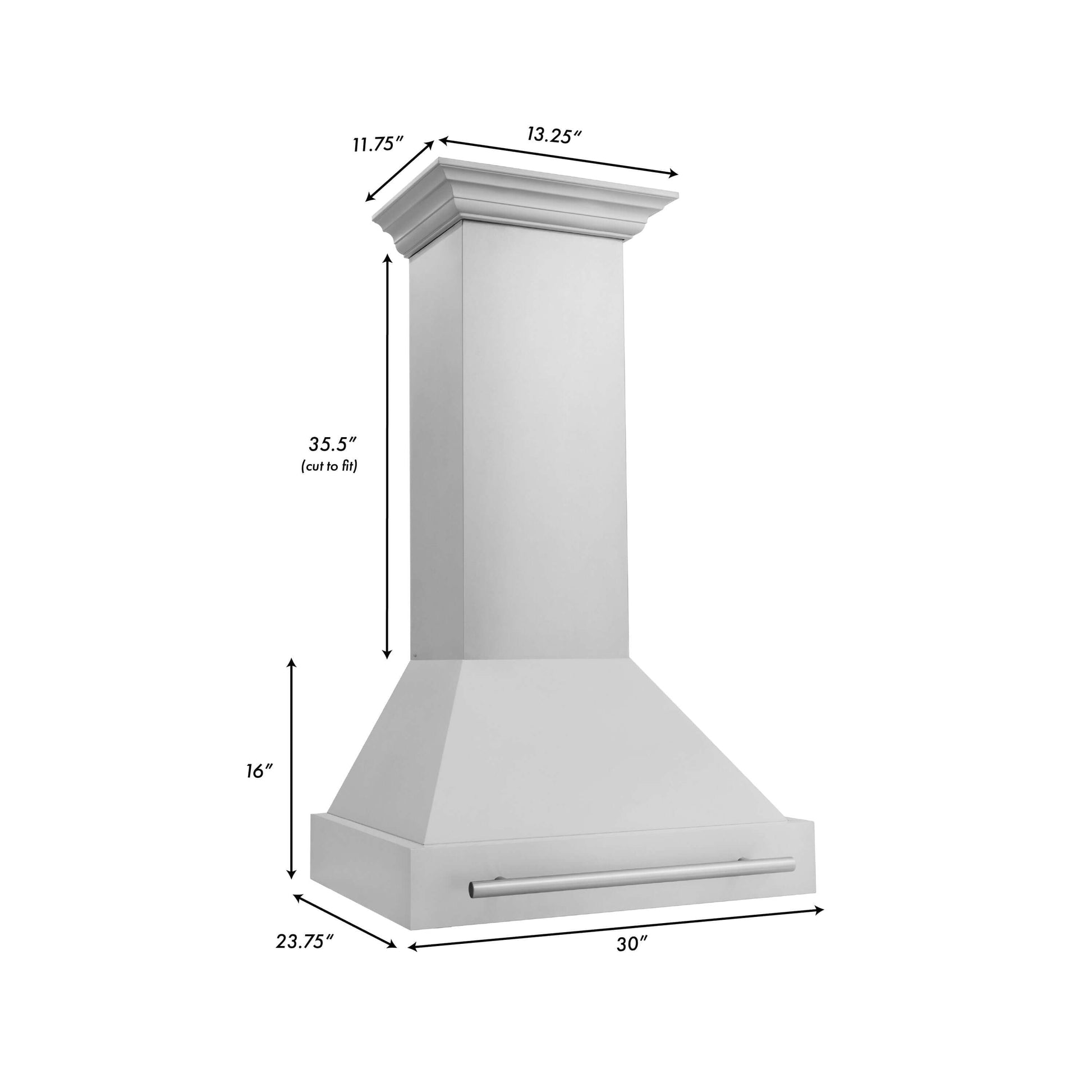 ZLINE 30 in. Stainless Steel Range Hood with Colored Shell Options and Stainless Steel Handle (8654STX-30) dimensional diagram with measurements.