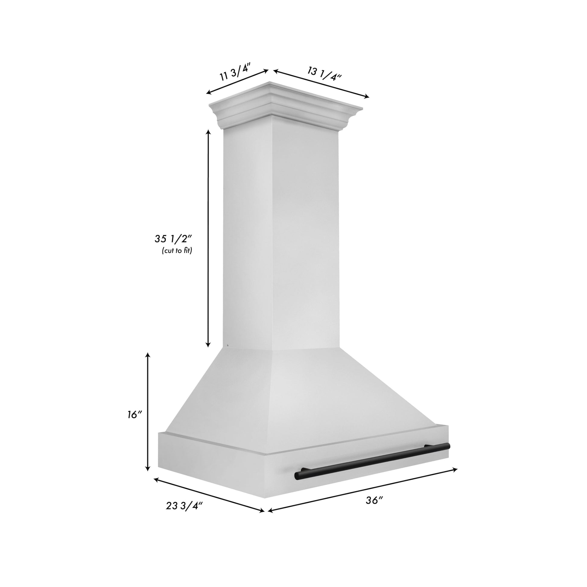 ZLINE Autograph Edition 36 in. Stainless Steel Range Hood with Stainless Steel Shell and Matte Black Handle (8654STZ-36-MB) dimensional diagram with measurements.