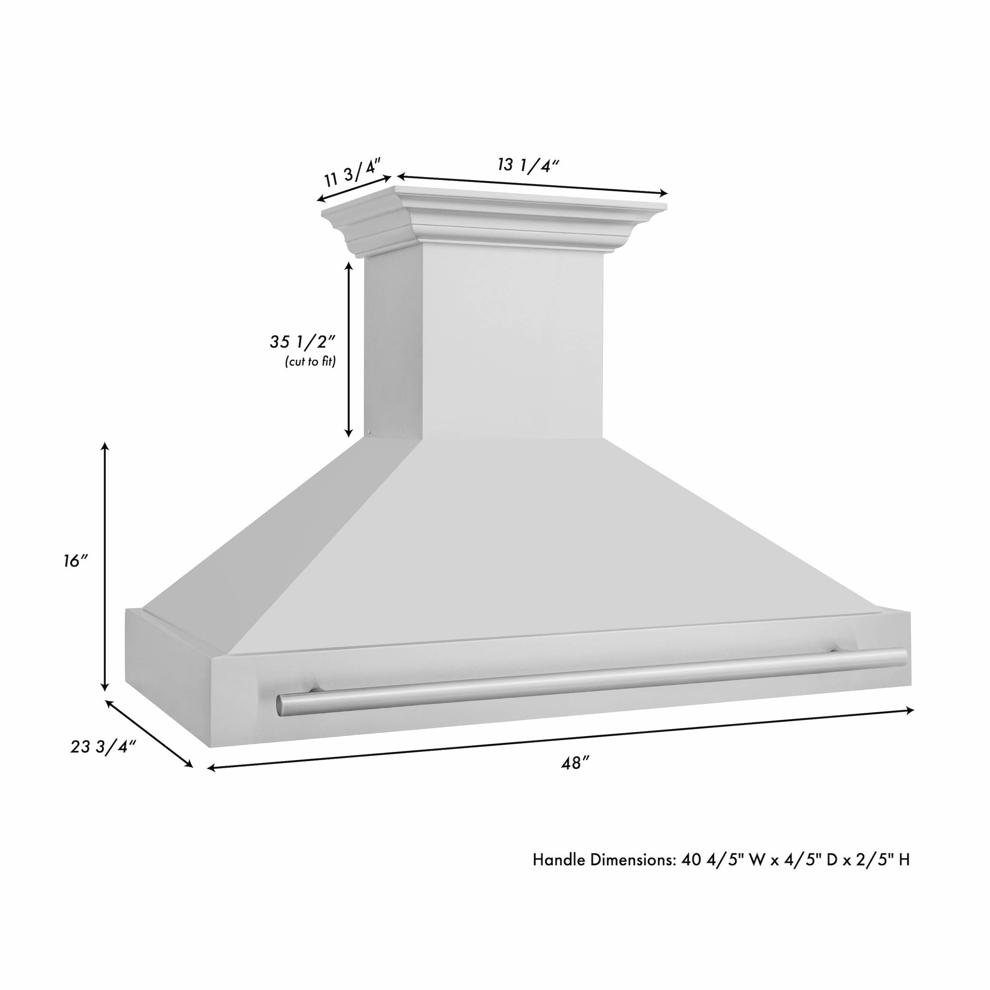 ZLINE 48 in. Stainless Steel Range Hood with Stainless Steel Handle (8654STX-48) dimensional diagram with measurements.