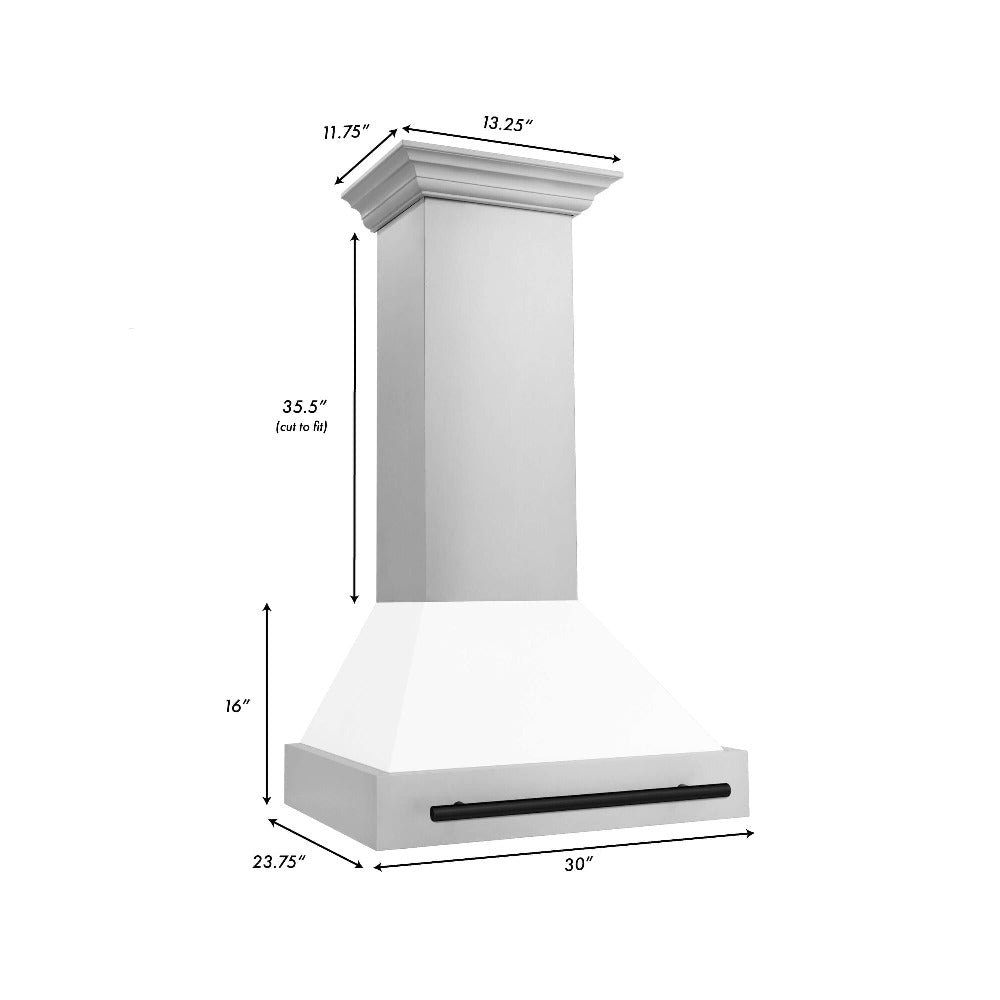 ZLINE Autograph Edition 30 in. Stainless Steel Range Hood with White Matte Shell and Accents (8654STZ-WM30) dimensional diagram with measurements.