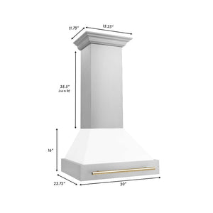 ZLINE Autograph Edition 30 in. Stainless Steel Range Hood with White Matte Shell and Accents (8654STZ-WM30) dimensional diagram with measurements.