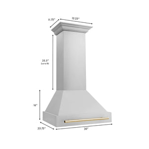 ZLINE Autograph Edition 30 in. Stainless Steel Range Hood with Stainless Steel Shell and Polished Gold Handle (8654STZ-30-G) dimensions.