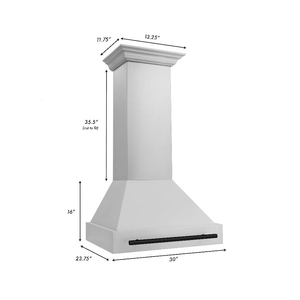 ZLINE Autograph Edition 30 in. Stainless Steel Range Hood with Stainless Steel Shell and Matte Black Handle (8654STZ-30-MB) dimensional measurements.