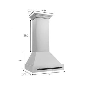 ZLINE Autograph Edition 30 in. Stainless Steel Range Hood with Stainless Steel Shell and Matte Black Handle (8654STZ-30-MB) dimensional measurements.