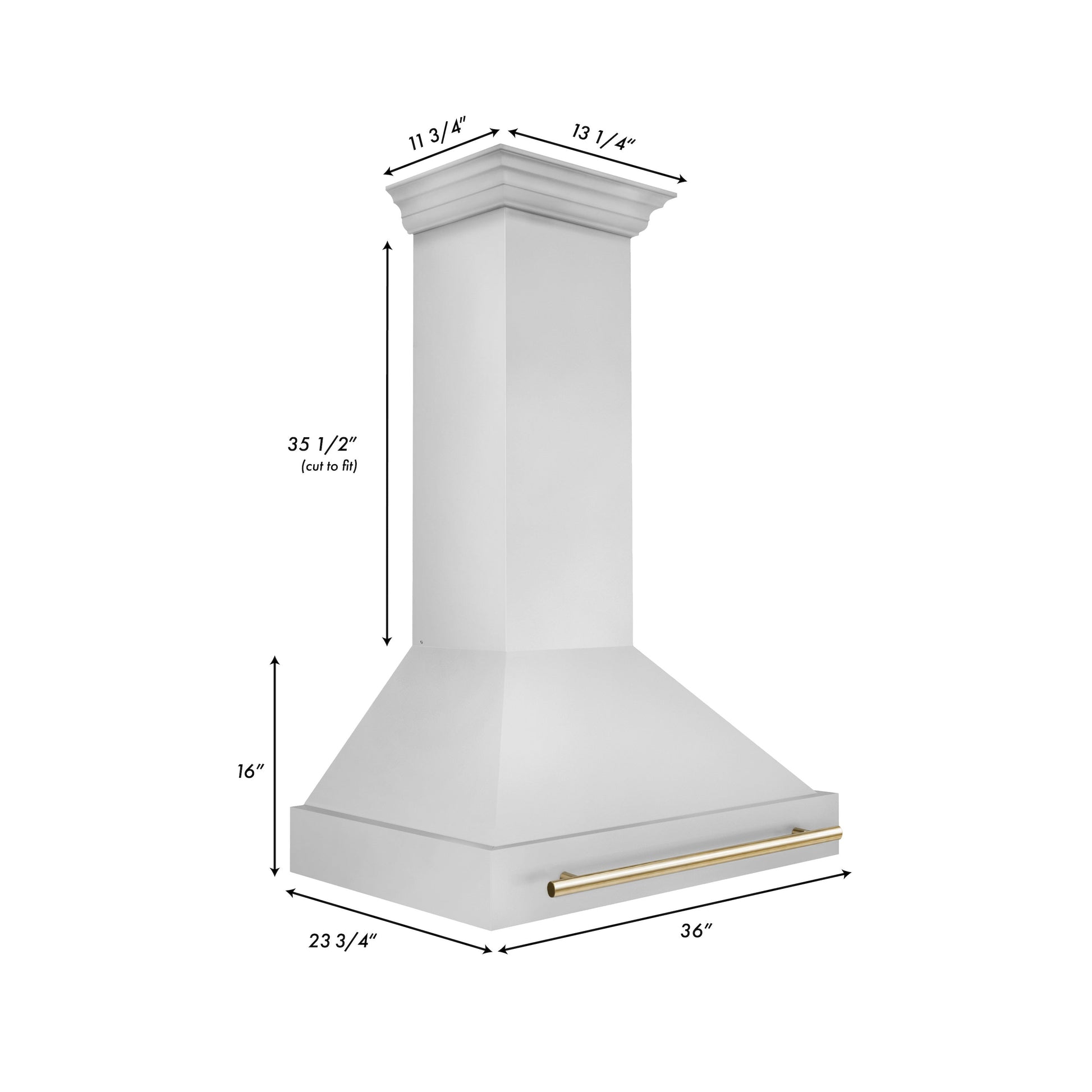 ZLINE Autograph Edition 36 in. Stainless Steel Range Hood with Stainless Steel Shell and Polished Gold Handle (8654STZ-36-G) dimensions.