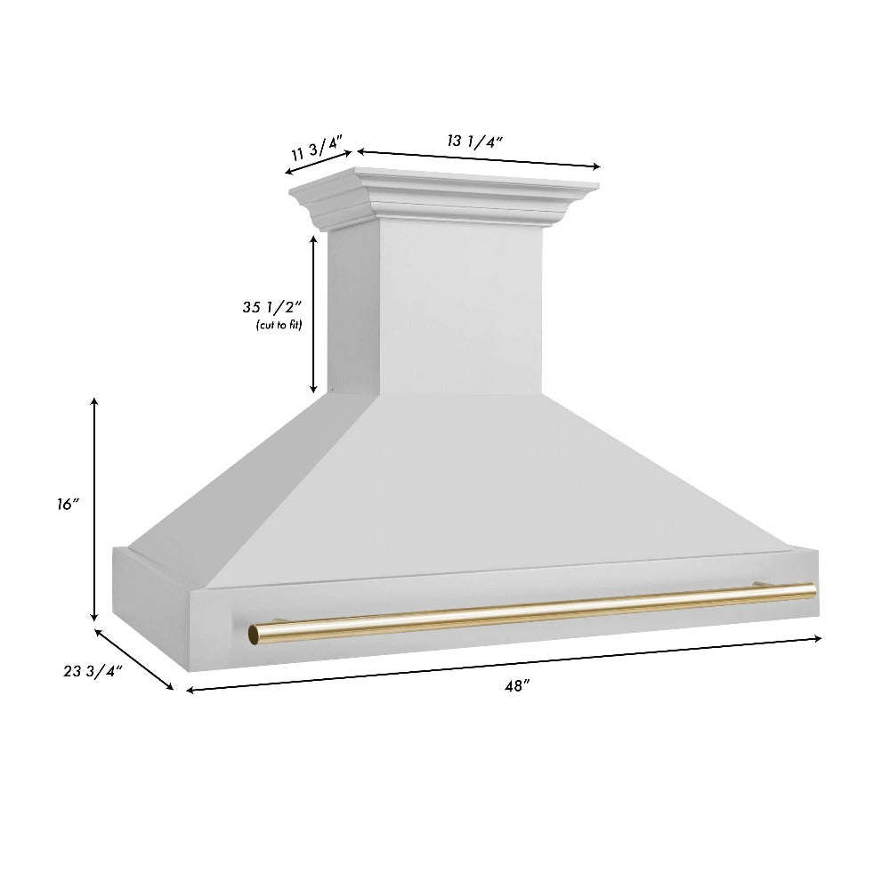 ZLINE Autograph Edition 48 in. Stainless Steel Range Hood with Stainless Steel Shell and Polished Gold Handle (8654STZ-48-G) dimensional diagram with measurements.