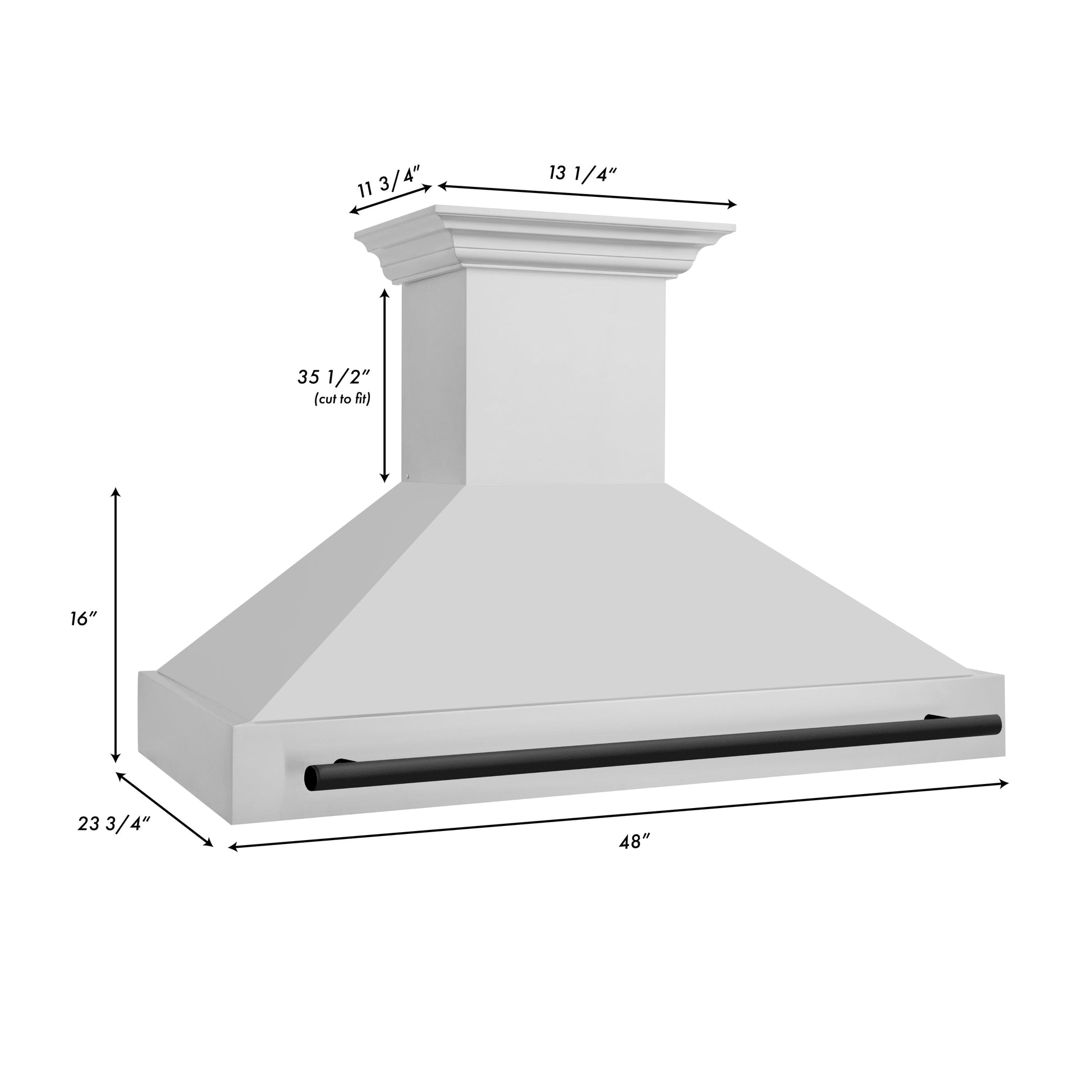 ZLINE Autograph Edition 48 in. Stainless Steel Range Hood with Stainless Steel Shell and Matte Black Handle (8654STZ-48-MB) dimensional measurements.