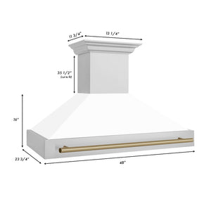 ZLINE Autograph Edition 48 in. Stainless Steel Range Hood with White Matte Shell and Handle (8654STZ-WM48) dimensional diagram with measurements.