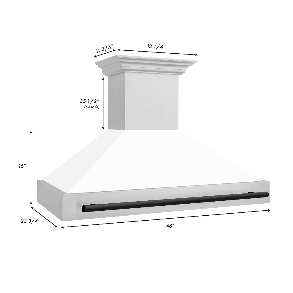 ZLINE Autograph Edition 48 in. Stainless Steel Range Hood with White Matte Shell and Handle (8654STZ-WM48) dimensional diagram with measurements.