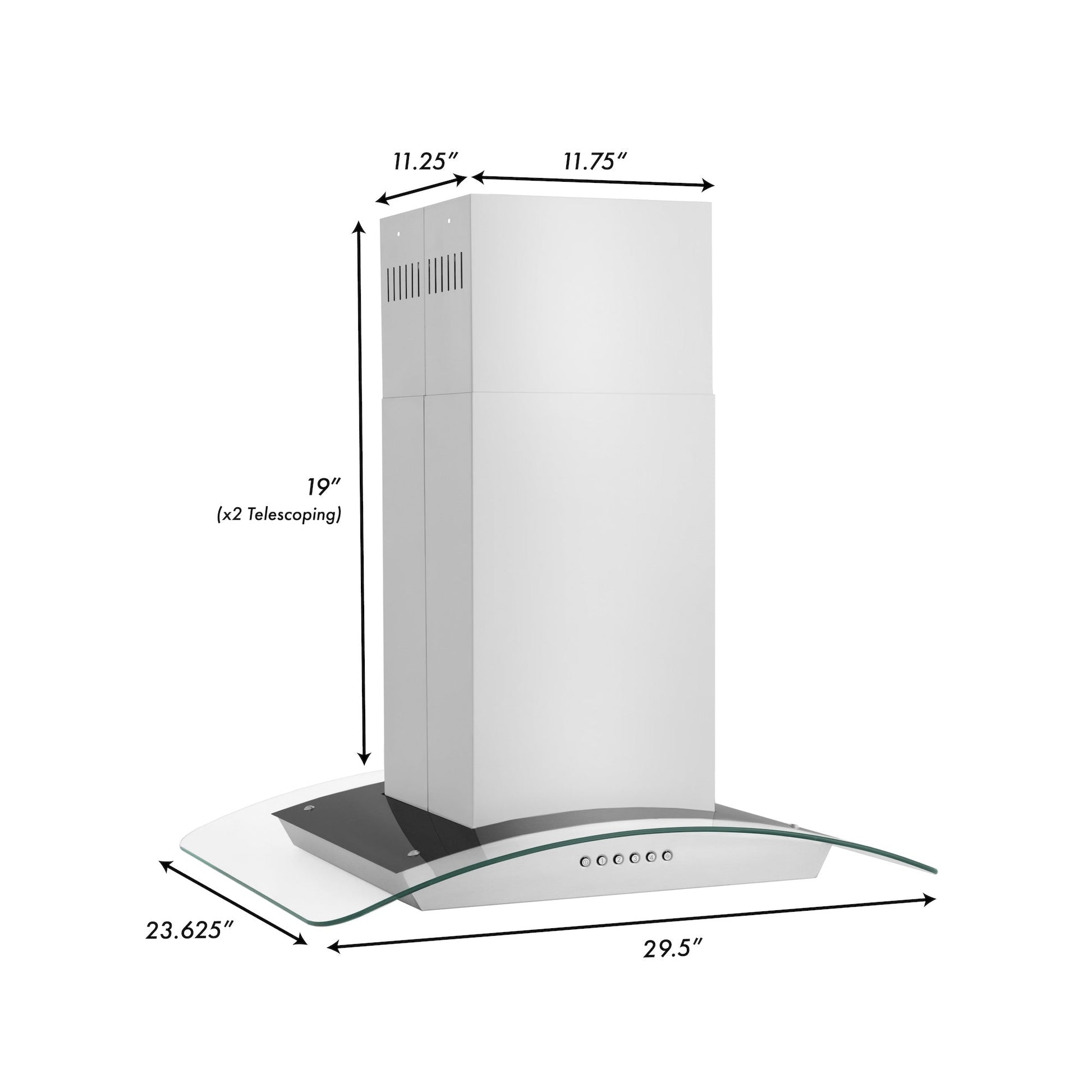 ZLINE Alpine Series Convertible Island Mount Range Hood in Stainless Steel (ALP70IS) dimensional diagram with measurements.