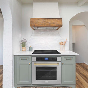 ZLINE Wall Oven built-in to cabinets beneath ZLINE Induction Cooktop in a cozy beach-style kitchen.