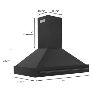 ZLINE Black Stainless Steel Range Hood with Black Stainless Steel Handle and Size Options (BS655-BS) dimensional diagram with measurements.