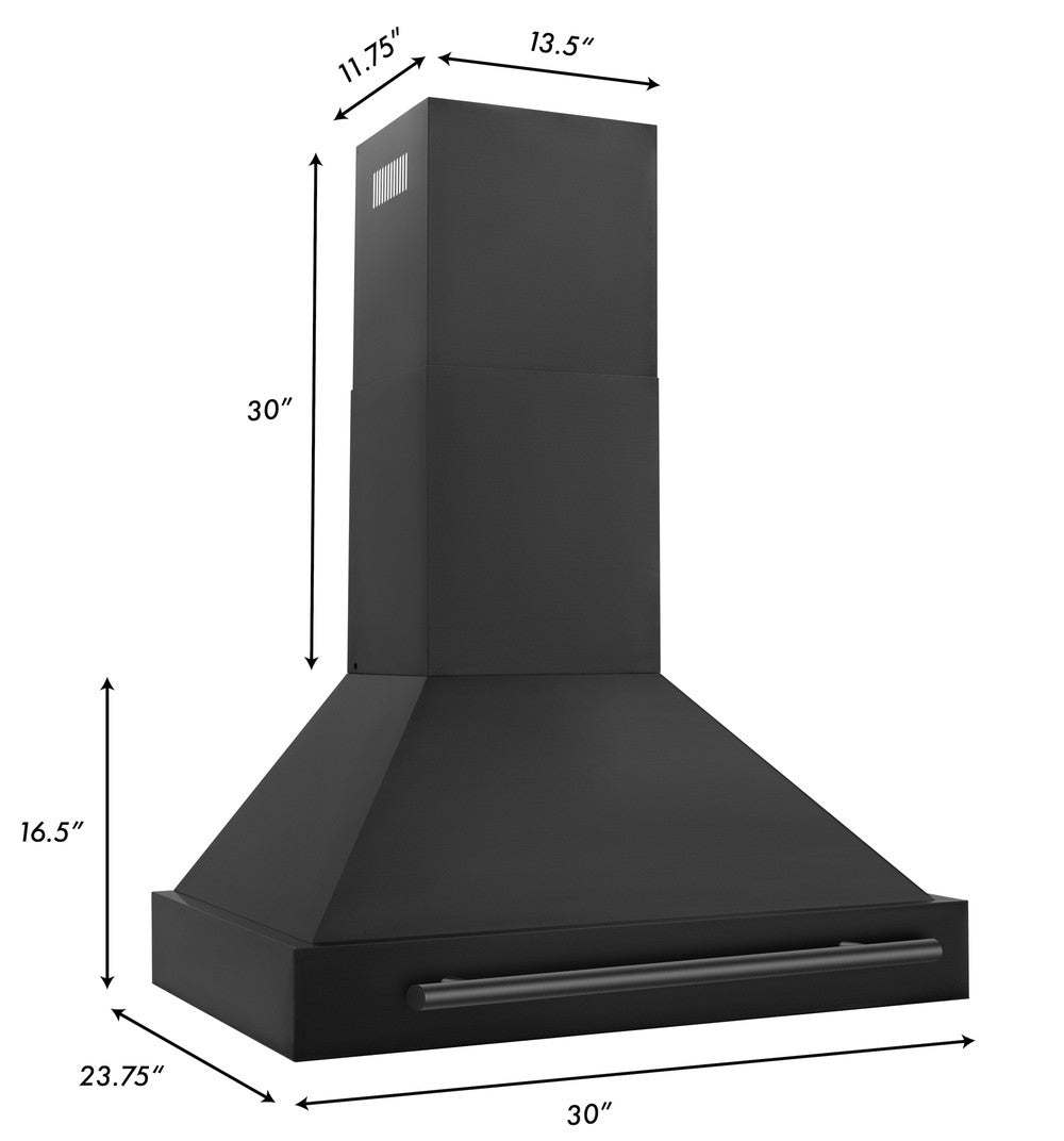 ZLINE Black Stainless Steel Range Hood with Black Stainless Steel Handle and Size Options (BS655-BS) dimensional diagram with measurements.