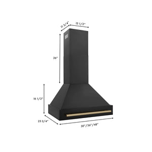 ZLINE Autograph Edition 30 in. Kitchen Package with Black Stainless Steel Dual Fuel Range and Range Hood with Champagne Bronze Accents (2AKP-RABRH30-CB) dimensional diagram with measurements.