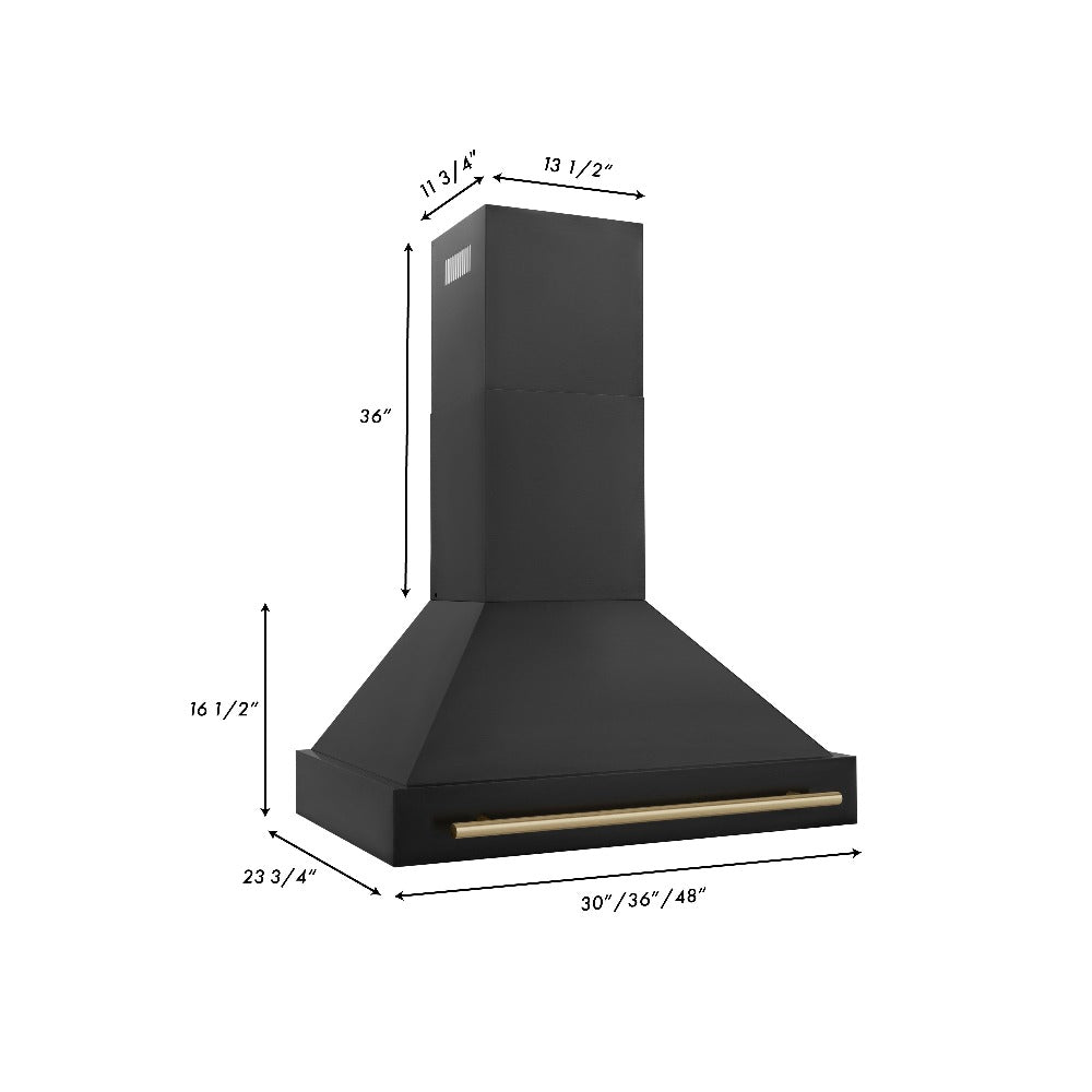 ZLINE Autograph Edition 36 in. Black Stainless Steel Range Hood with Champagne Bronze Handle (BS655Z-36-CB) dimensional diagram with measurements.