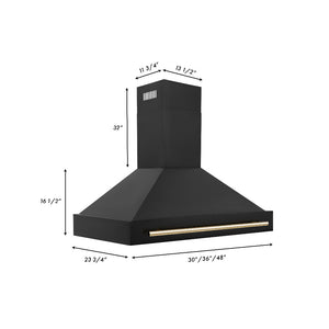 ZLINE Autograph Edition 48 in. Black Stainless Steel Range Hood with Polished Gold Handle (BS655Z-48-G) dimensional diagram with measurements.