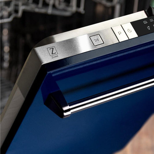 ZLINE 24 in. Top Control Dishwasher with Blue Gloss Panel and Traditional Style Handle, 52dBa (DW-BG-24) top controls, handle, and panel.