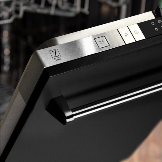 ZLINE 24 in. Top Control Dishwasher with Black Matte Panel and Traditional Style Handle, 52dBa (DW-BLM-24) top controls, handle, and panel.