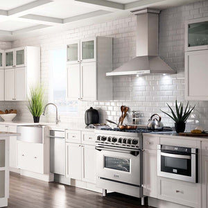 ZLINE 36 in. 4.6 cu. ft. Legacy Dual Fuel Range with Gas Cooktop and Electric Convection Oven in Stainless Steel with 6 Brass Burners (RA-BR-36) in a luxury kitchen with matching appliances.