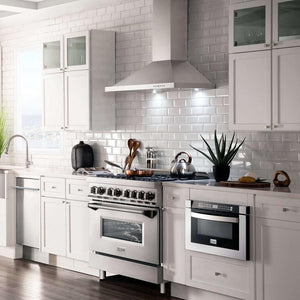 ZLINE 36 in. Kitchen Package with Stainless Steel Dual Fuel Range and Convertible Vent Range Hood (2KP-RARH36) in a white cottage-style kitchen.