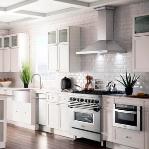  ZLINE 36 in. Dual Fuel Range (RA36) in Rustic Farmhouse Style Kitchen with white cabinetry