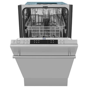ZLINE 18 in. Compact Top Control Dishwasher with Stainless Steel Panel and Modern Style Handle, 52 dBa (DW-304-18) front, half open.