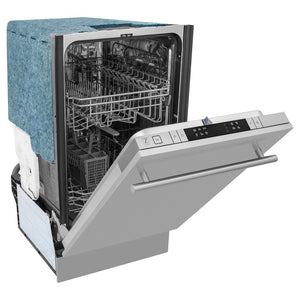 ZLINE 18 in. Compact Top Control Dishwasher with Stainless Steel Panel and Modern Style Handle, 52 dBa (DW-304-18) side, open.