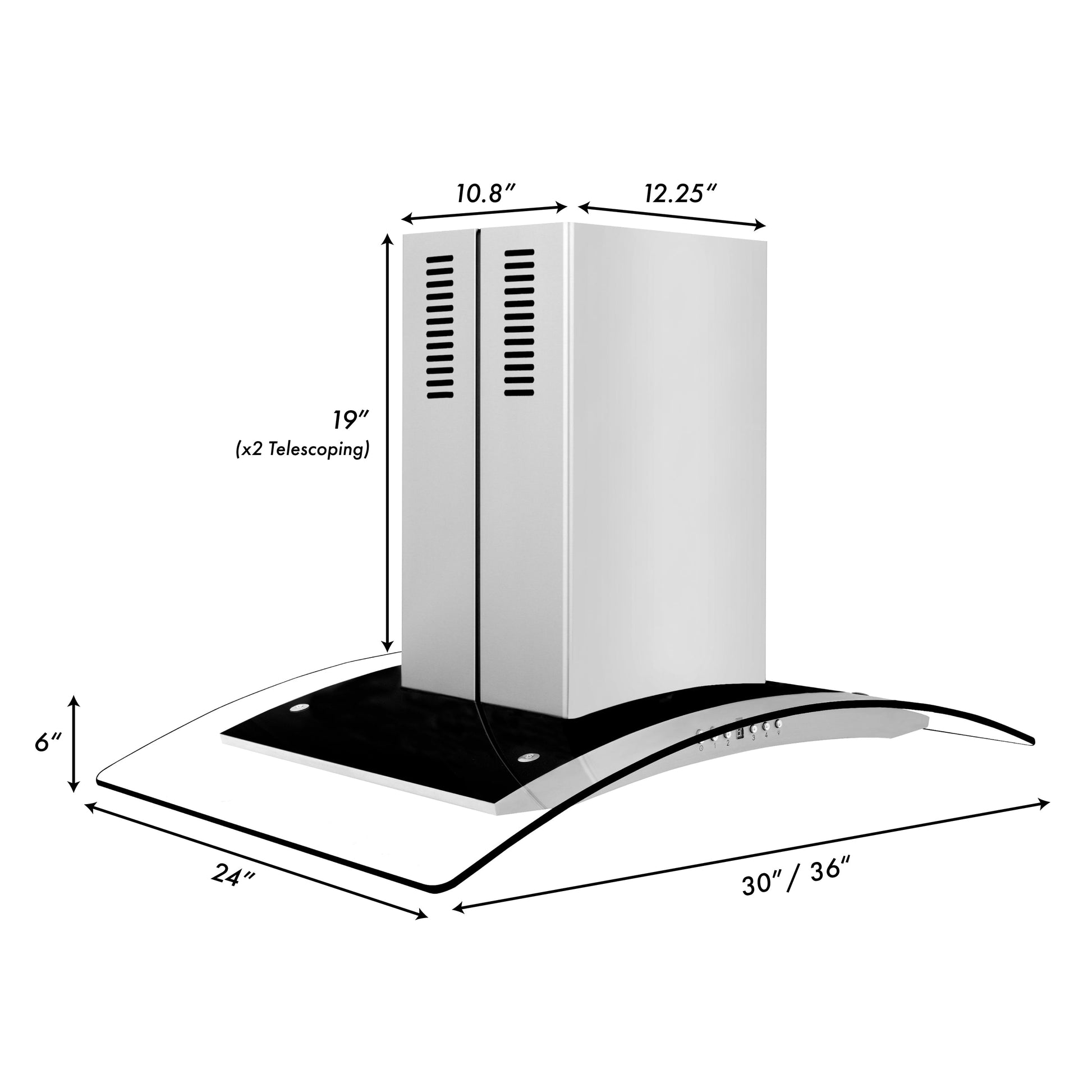 ZLINE Convertible Vent Island Mount Range Hood in Stainless Steel and Glass (GL14i) dimensional diagram with measurements.