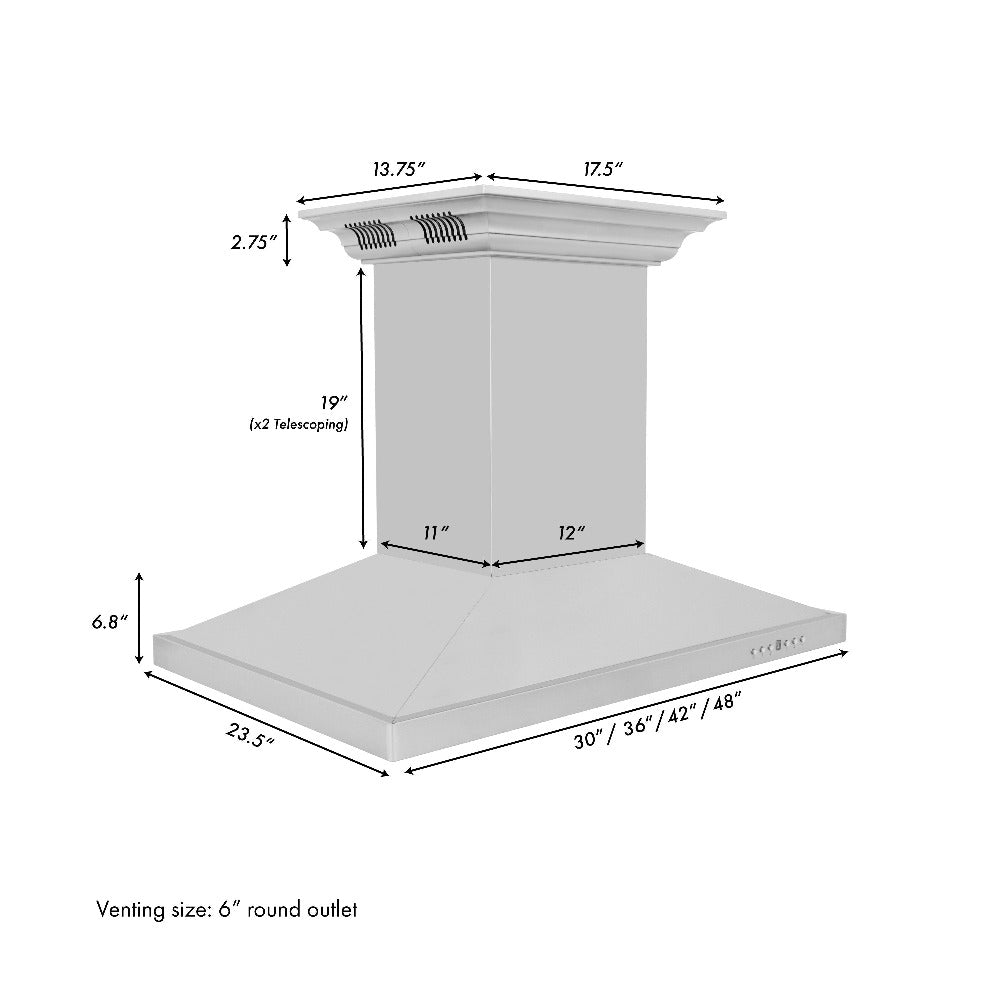 ZLINE Island Mount Range Hood in Stainless Steel with Built-in CrownSound Bluetooth Speakers (GL2iCRN-BT) dimensional diagram with measurements.