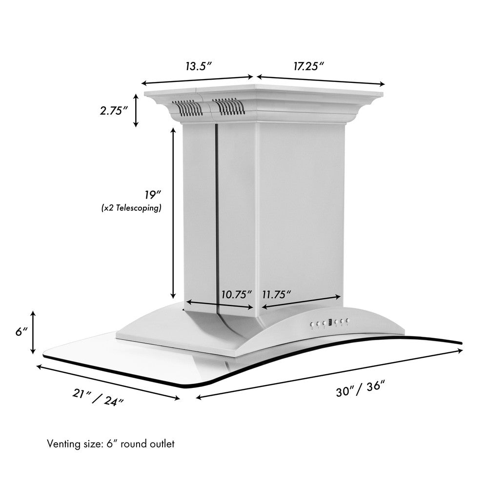 ZLINE Island Mount Range Hood in Stainless Steel with Built-in ZLINE CrownSound Bluetooth Speakers (GL9iCRN-BT) dimensional diagram with measurements.