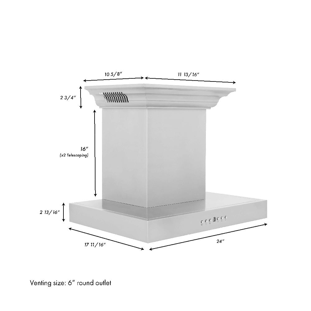 ZLINE Wall Mount Range Hood In Stainless Steel With Built-In ZLINE CrownSound Bluetooth Speakers (KECRN-BT) 24-inch dimensional diagram with measurements.