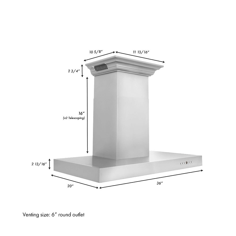 ZLINE Wall Mount Range Hood In Stainless Steel With Built-In ZLINE CrownSound Bluetooth Speakers (KECRN-BT) 36-inch dimensional diagram with measurements.