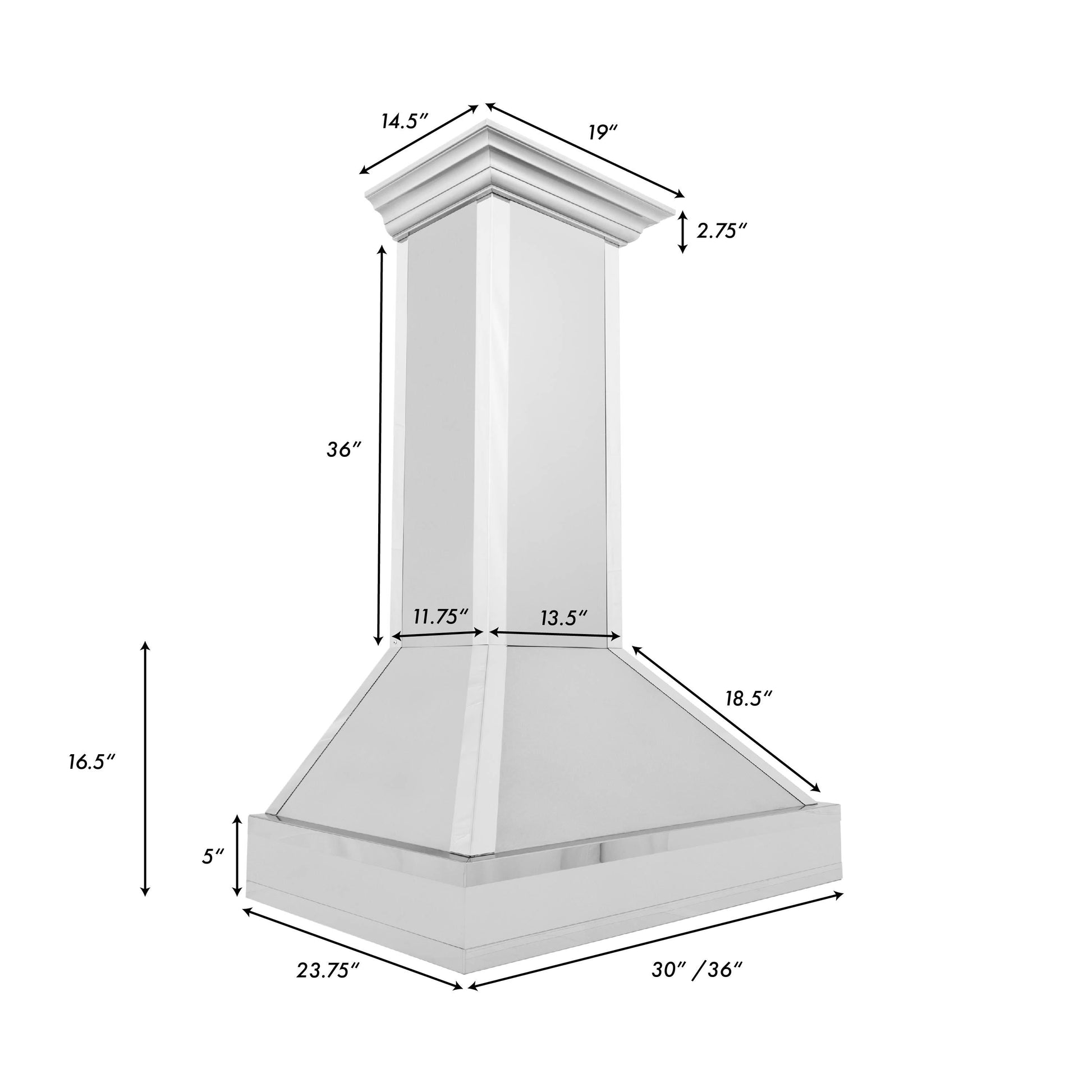 ZLINE Designer Series Wall Mount Range Hood in Fingerprint Resistant Stainless Steel with Mirror Accents (655MR) dimensional diagram with measurements.