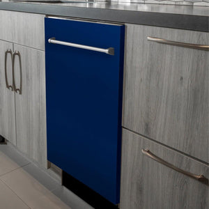 ZLINE 24 in. Top Control Dishwasher with Blue Gloss Panel and Traditional Style Handle, 52dBa (DW-BG-24) built-in to modern grey cabinets in a luxury kitchen.