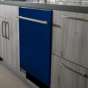 ZLINE 24 in. Top Control Dishwasher in Blue Gloss and Modern Style Handle, 52dBa (DW-BG-H-24) built-in to modern grey cabinets in a luxury kitchen.