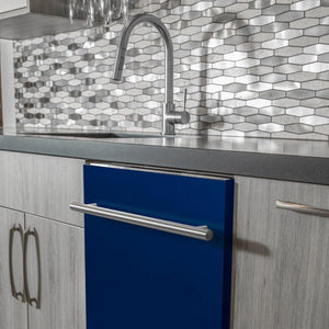 ZLINE 24 in. Top Control Dishwasher in Blue Gloss and Modern Style Handle, 52dBa (DW-BG-H-24) built-in to modern grey cabinets in a luxury kitchen.