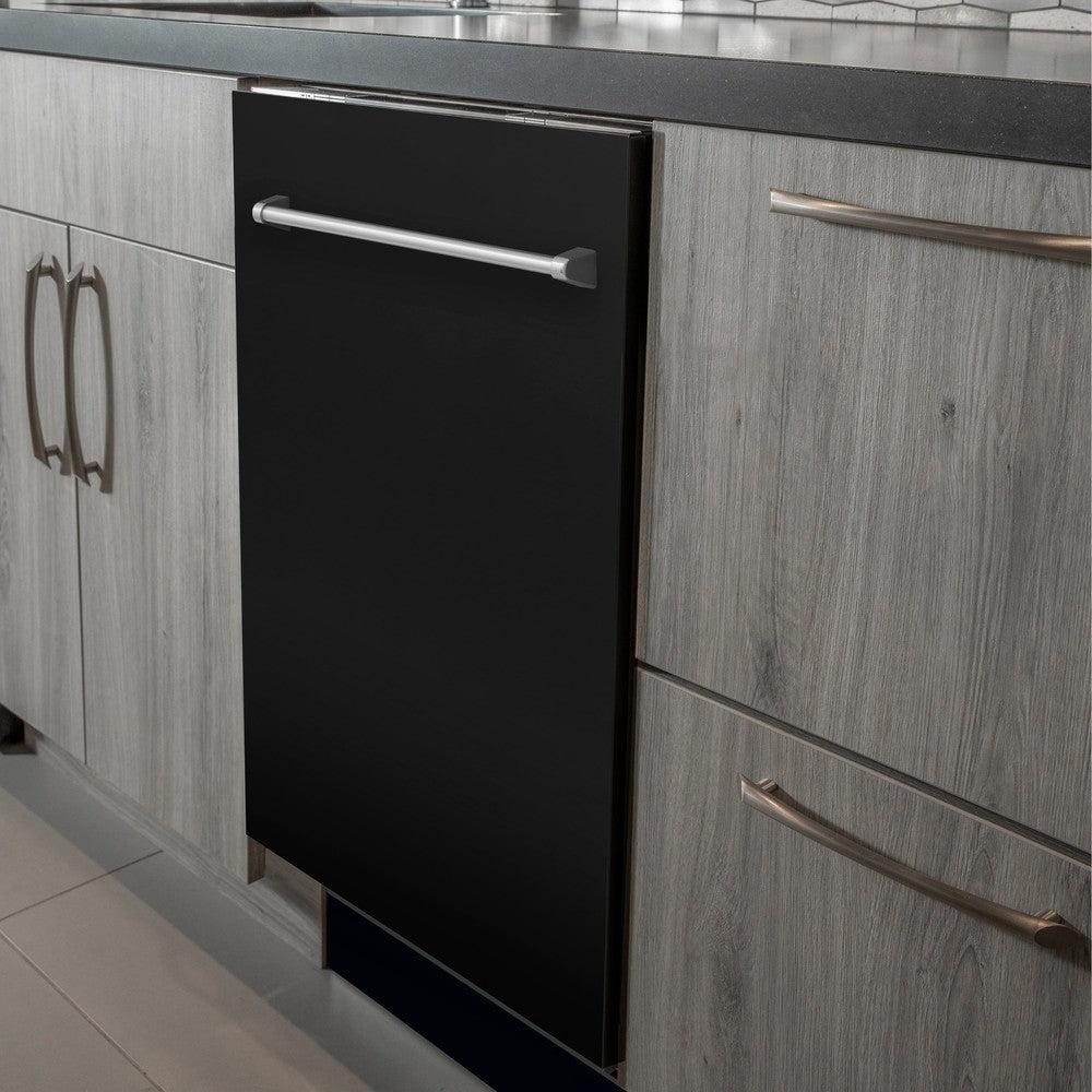 ZLINE 24 in. Top Control Dishwasher with Black Matte Panel and Traditional Style Handle, 52dBa (DW-BLM-24) built-in to modern grey cabinets in a luxury kitchen.