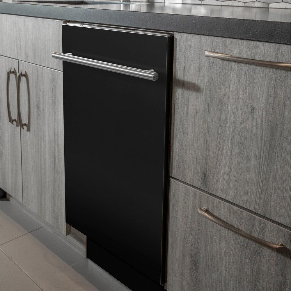 ZLINE 24 in. Top Control Dishwasher with Black Matte Panel and Modern Style Handle, 52dBa (DW-BLM-H-24) built-in to modern grey cabinets in a luxury kitchen.