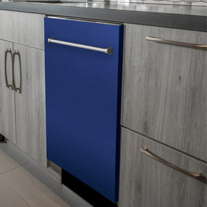 ZLINE 24 in. Top Control Dishwasher with Blue Matte Panel and Traditional Style Handle, 52dBa (DW-BM-24) built-in to modern grey cabinets in a luxury kitchen.