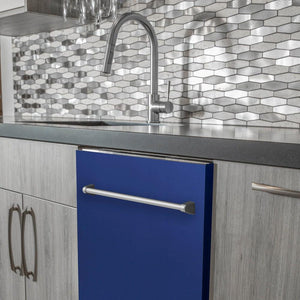 ZLINE 24 in. Top Control Dishwasher with Blue Matte Panel and Traditional Style Handle, 52dBa (DW-BM-24) built-in to modern grey cabinets in a luxury kitchen.