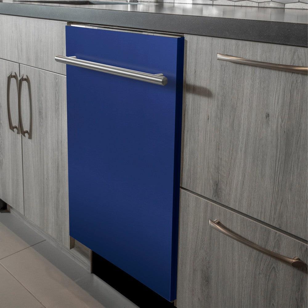 ZLINE 24 in. Top Control Dishwasher with Blue Matte Panel and Modern Style Handle, 52dBa (DW-BM-H-24) built-in to modern grey cabinets in a luxury kitchen.