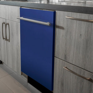 ZLINE 24 in. Top Control Dishwasher with Blue Matte Panel and Modern Style Handle, 52dBa (DW-BM-H-24) built-in to modern grey cabinets in a luxury kitchen.