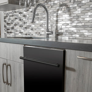 ZLINE 24 in. Top Control Dishwasher with Black Stainless Steel Panel and Modern Style Handle, 52dBa (DW-BS-H-24) built-in to modern grey cabinets in a luxury kitchen.