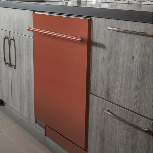 ZLINE 24 in. Top Control Dishwasher with Copper Panel and Modern Style Handle, 52dBa (DW-C-24) built-in to modern grey cabinets in a luxury kitchen.