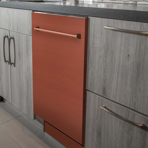 ZLINE 24 in. Top Control Dishwasher with Copper Panel and Traditional Style Handle, 52dBa (DW-C-H-24) built-in to modern grey cabinets in a luxury kitchen.